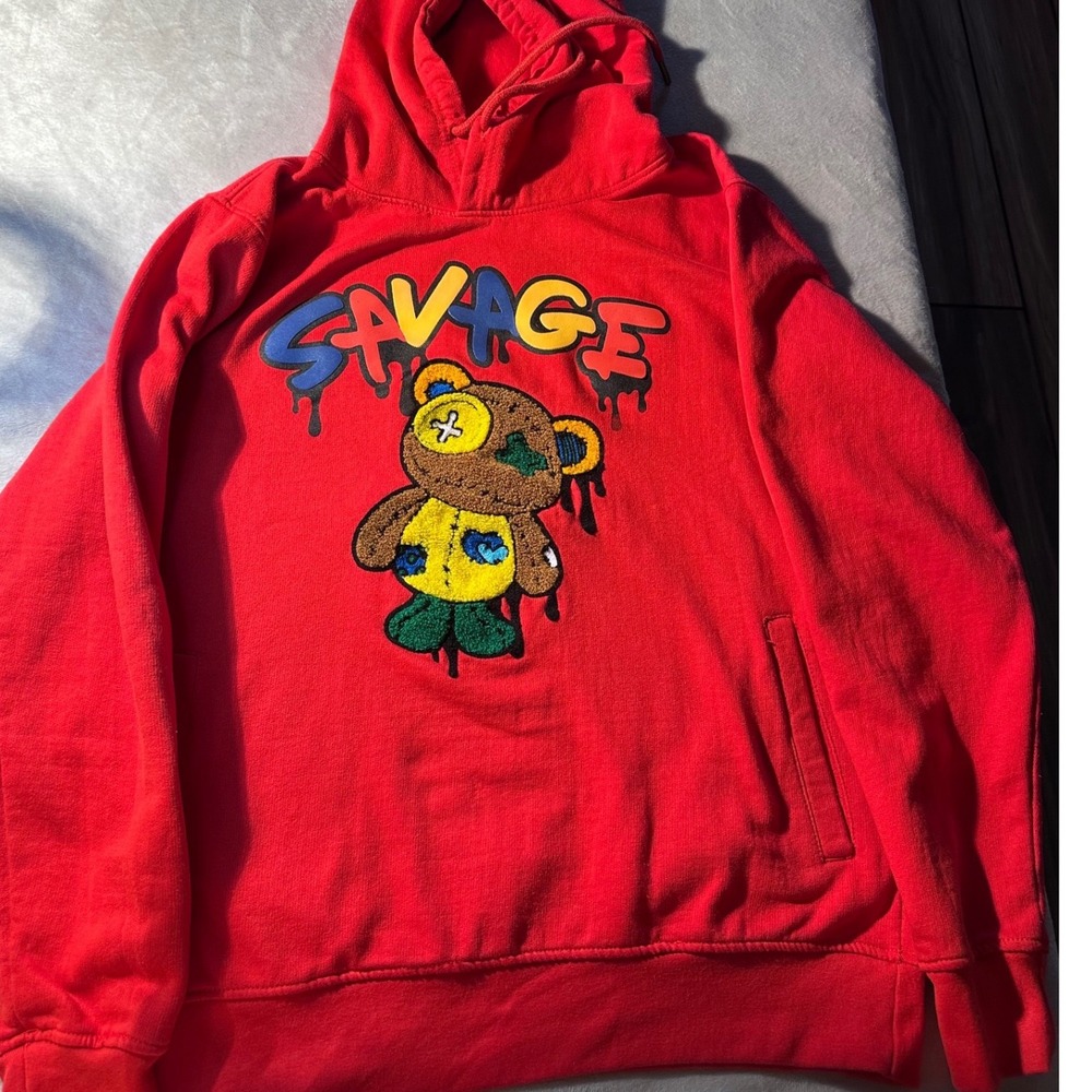 Track23 Savage Teddy Bear Hoodie Mens Large Red Streetwear Graphic Sweatshirt